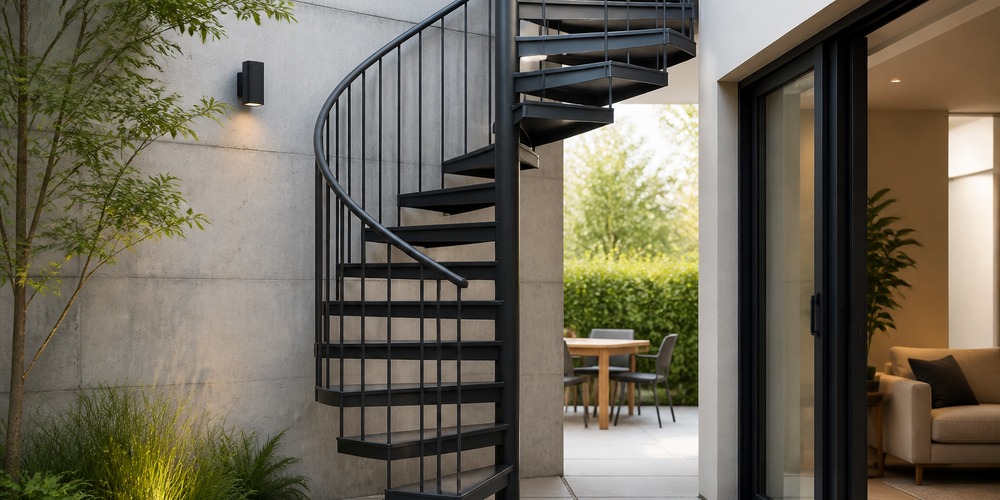 Black metal spiral staircase outdoors against a pale wall, with a patio and interior beyond.